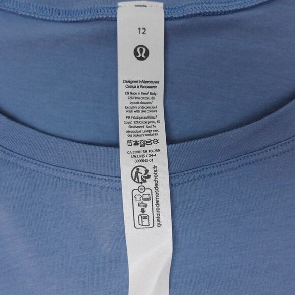 New Lululemon Size 12 Cates Tee Shirt Relaxed Fit Cropped Pima Cotton BLWL Blue - Picture 6 of 7